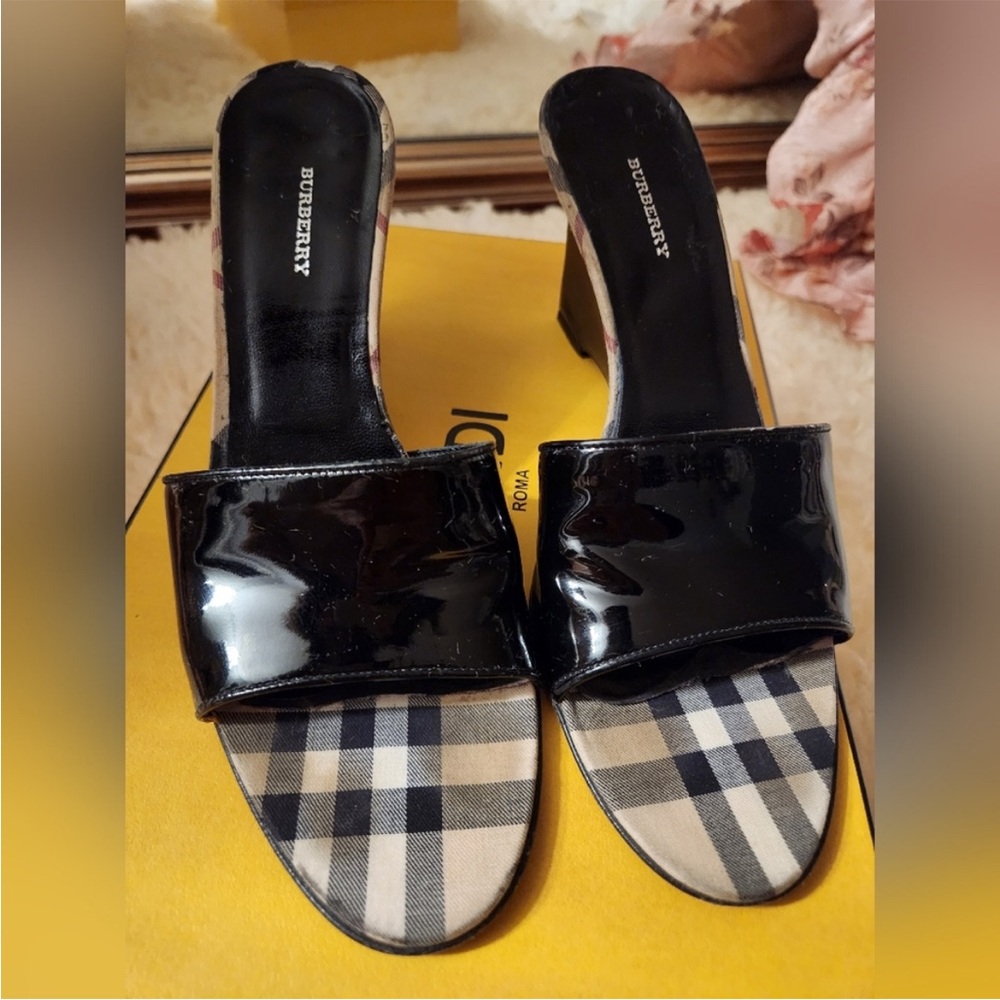 Burberry Black Plaid Women's Wedge Sandals